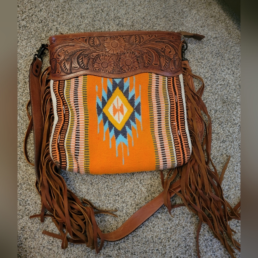 Bohemian Fringe Leather and Woven Bag - Orange and Brown
